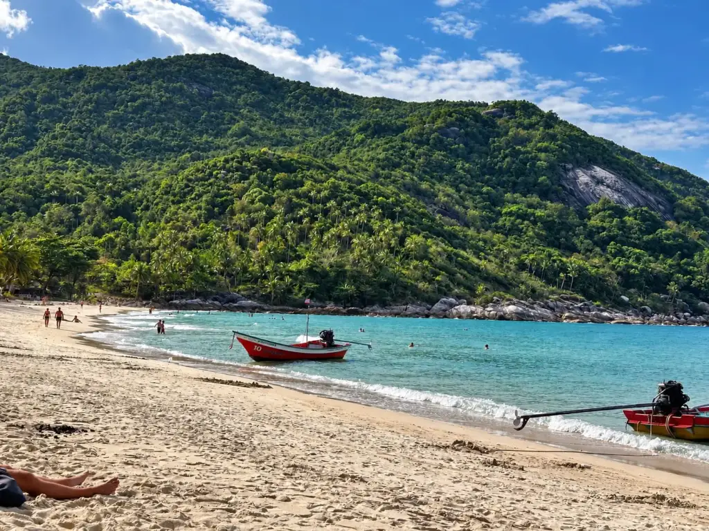 סירות לונגטייל במפרץ של Bottle Beach, וההר הירוק מאחור